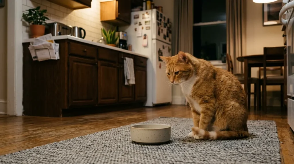 indoor cat always hungry boredom — orange cat staring fixedly at empty food bowl in quiet apartment with nothing else to do
