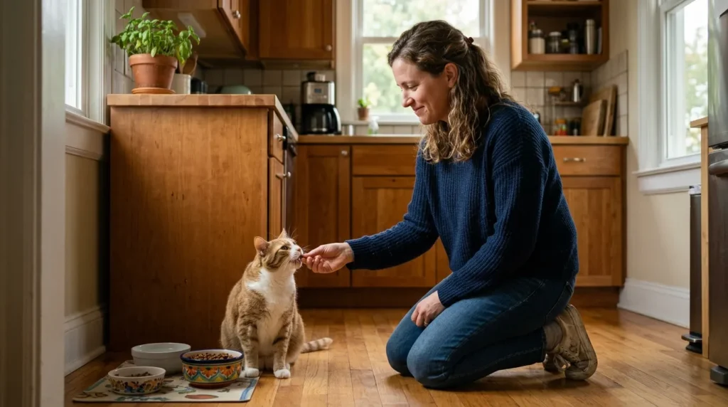 indoor cat always hungry mistake — owner giving treat to begging cat at food bowl reinforcing the behavior in apartment kitchen