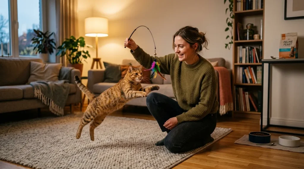 indoor cat always hungry solution — owner playing wand toy with leaping tabby before meal with food bowl visible in background