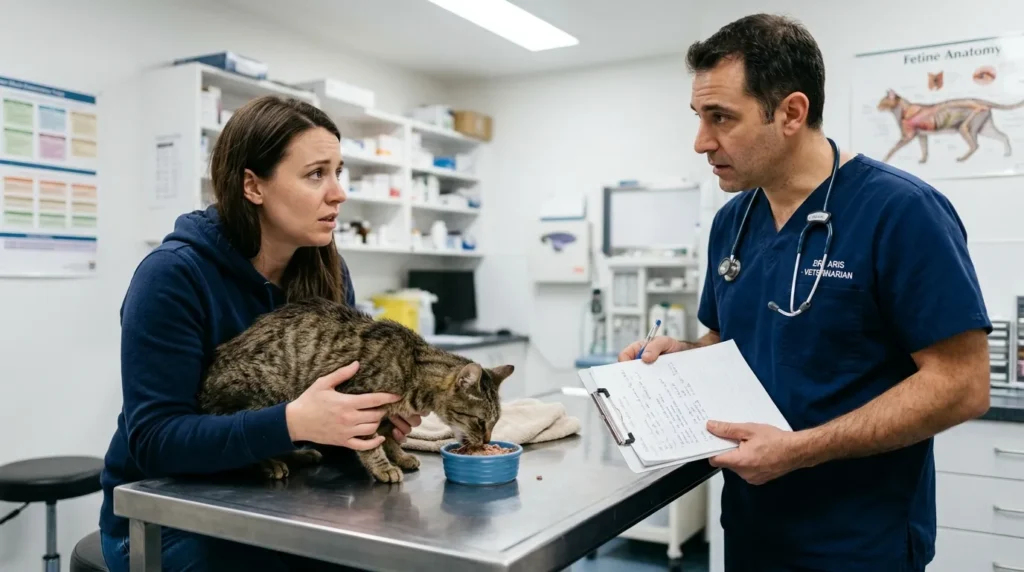 indoor cat always hungry vet warning — owner holding thin eating cat at vet examination table while vet holds clipboard
