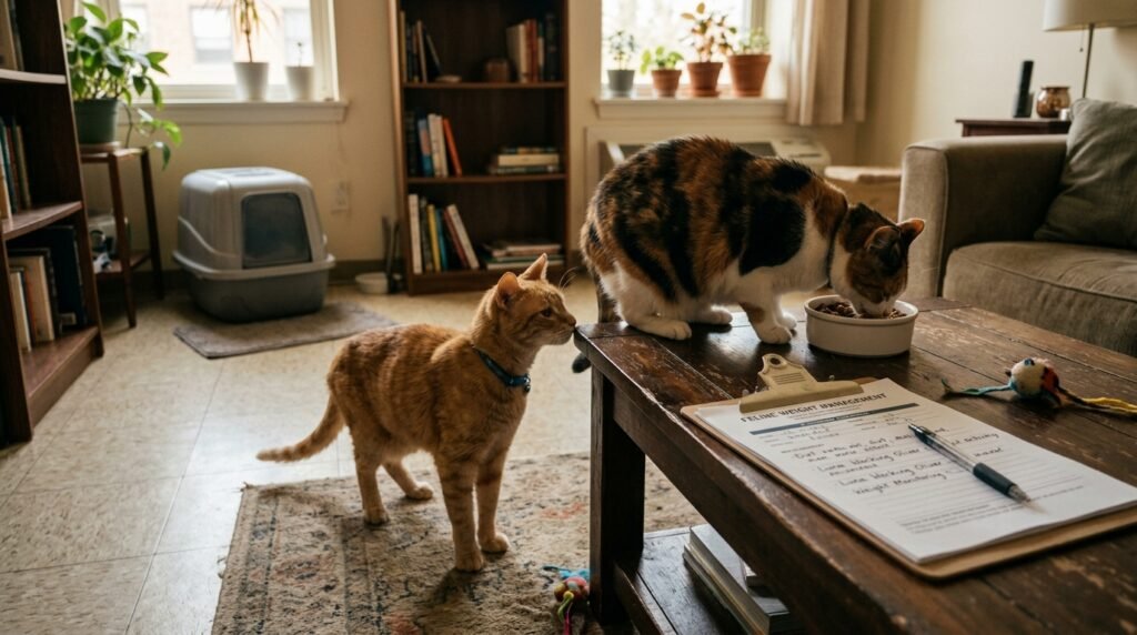 why is my indoor cat losing weight eight causes — senior cat food bowl access blocked by second cat with vet clipboard in apartment