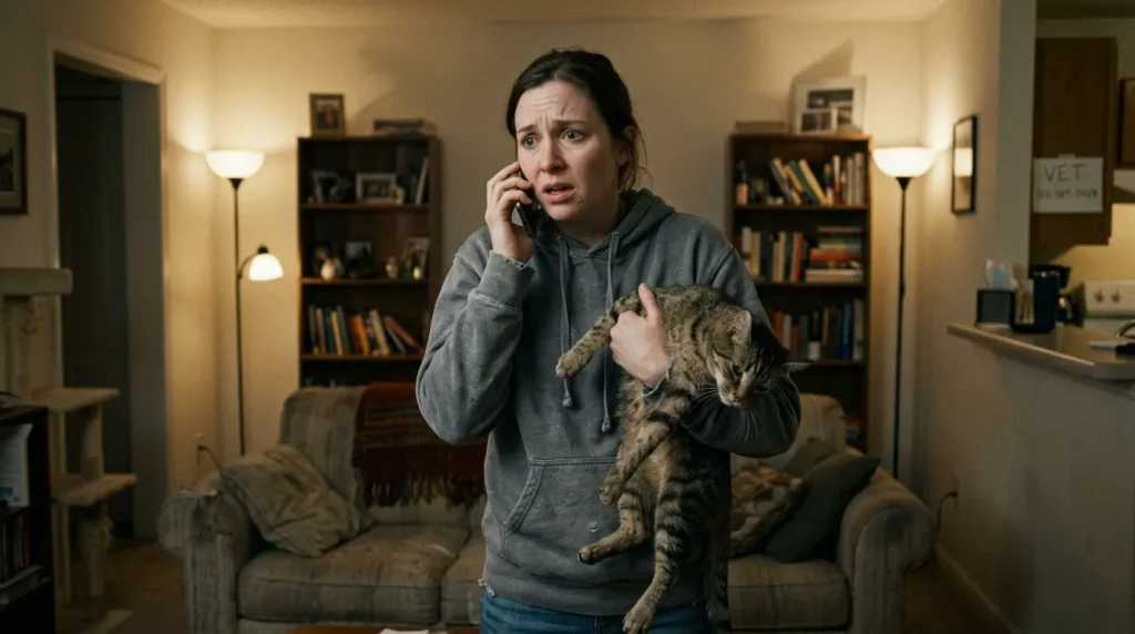 indoor cat losing weight emergency — owner calling vet urgently while holding lethargic unresponsive thin cat in apartment
