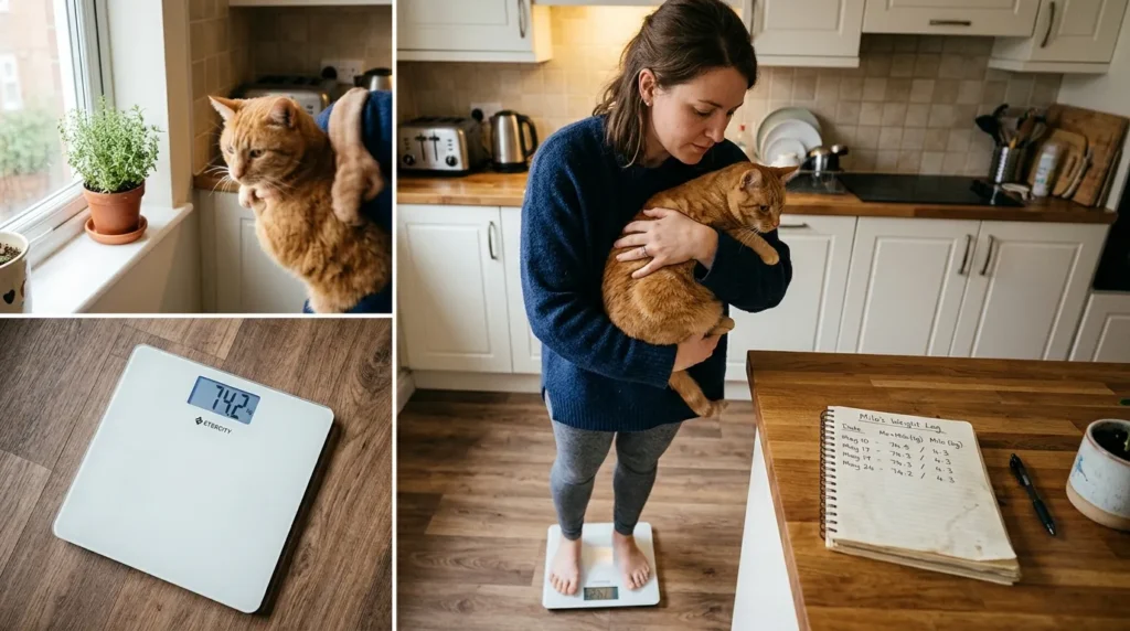 indoor cat losing weight how to tell — owner weighing cat on bathroom scale in apartment kitchen with weight tracking notebook visible