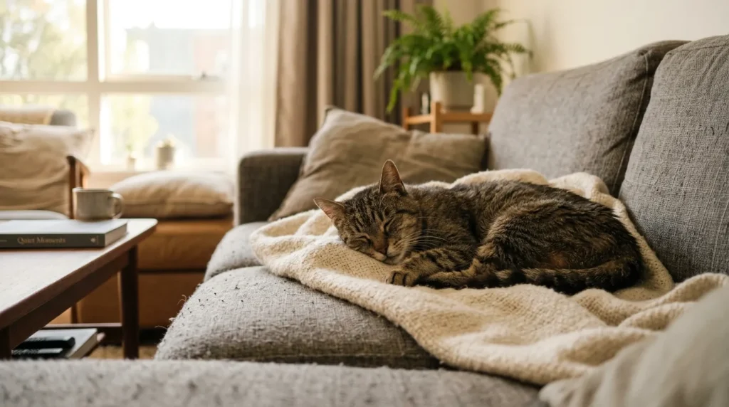 indoor cat losing weight indoor-specific factors — senior cat on apartment sofa with subtle muscle loss around hindquarters