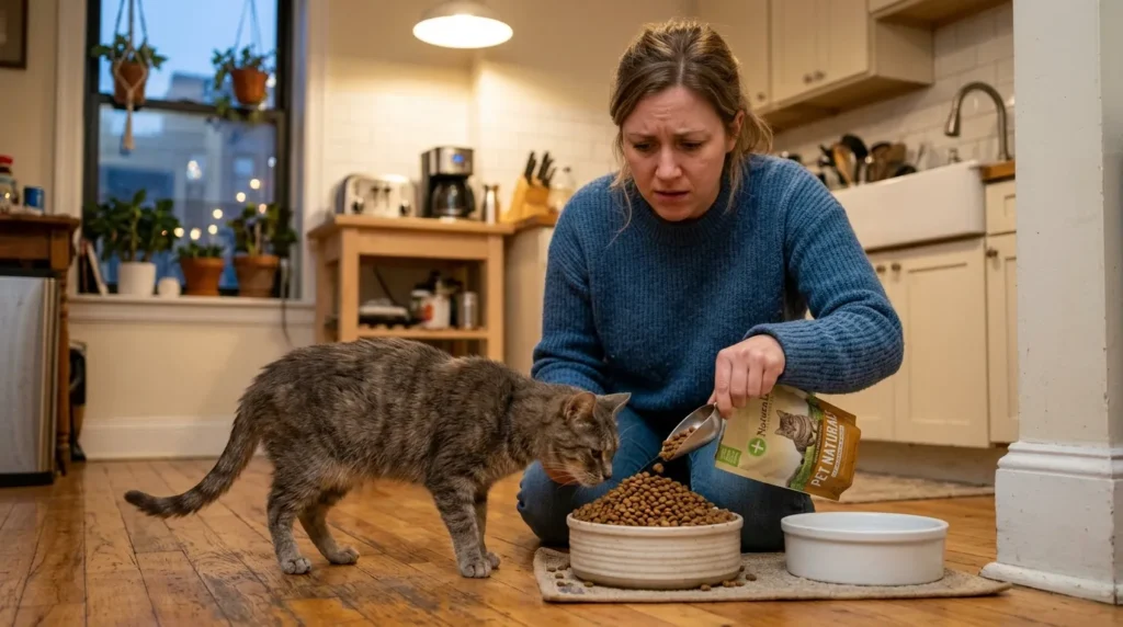 indoor cat losing weight mistake — owner adding extra food to bowl while thin cat sniffs but does not eat in apartment kitchen