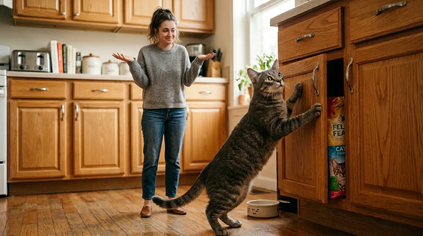 why is my indoor cat always hungry — tabby cat pressing paws against cabinet door while tired owner gestures in apartment kitchen