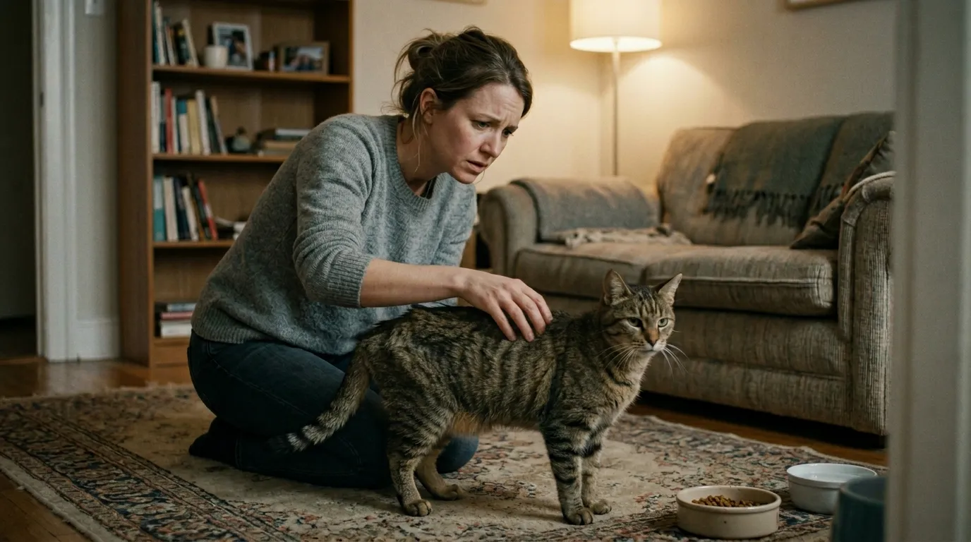 why is my indoor cat losing weight — worried owner feeling thin cat's prominent ribs while cat stands beside food bowl in apartment