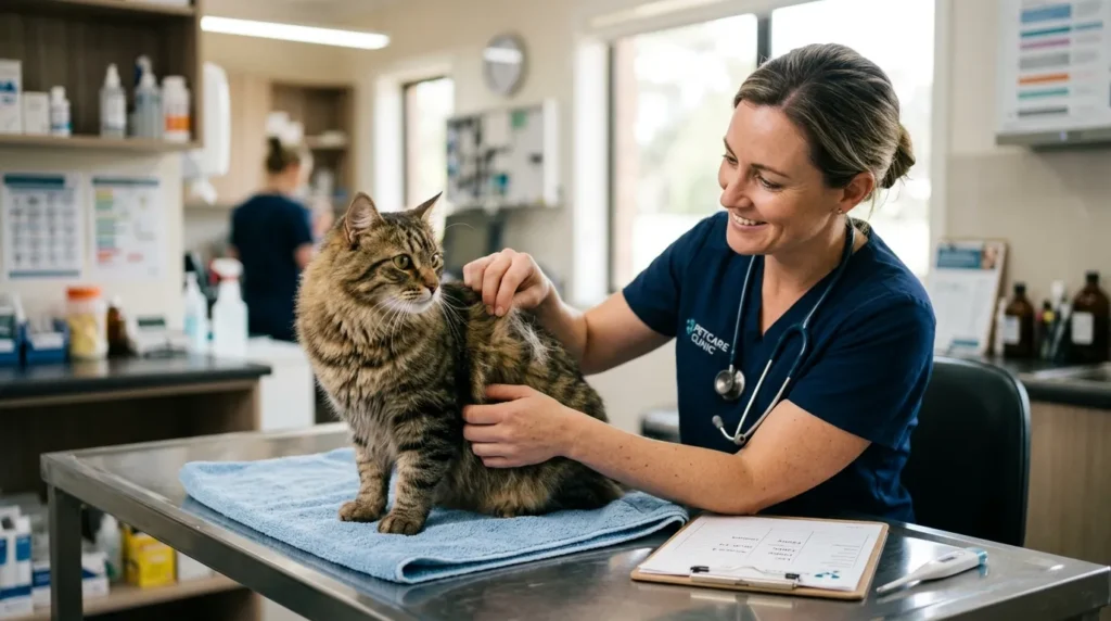 causes of indoor cat shedding — vet examining fluffy tabby cat coat in bright veterinary clinic