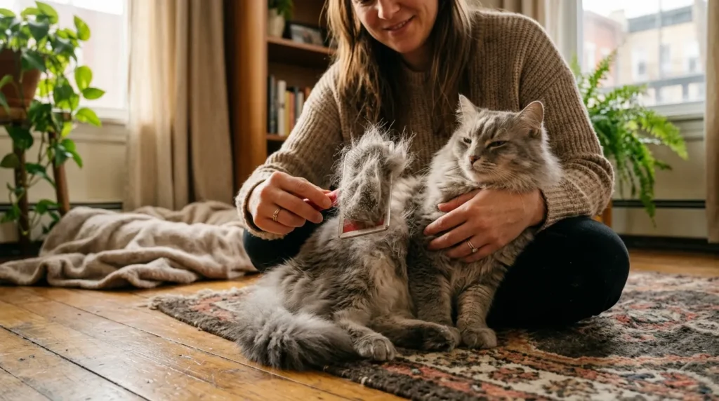 grooming reduces indoor cat shedding — owner brushing gray cat with slicker brush full of loose fur