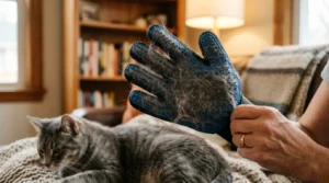 rubber grooming glove for indoor cat shedding — glove covered in collected cat fur after grooming session