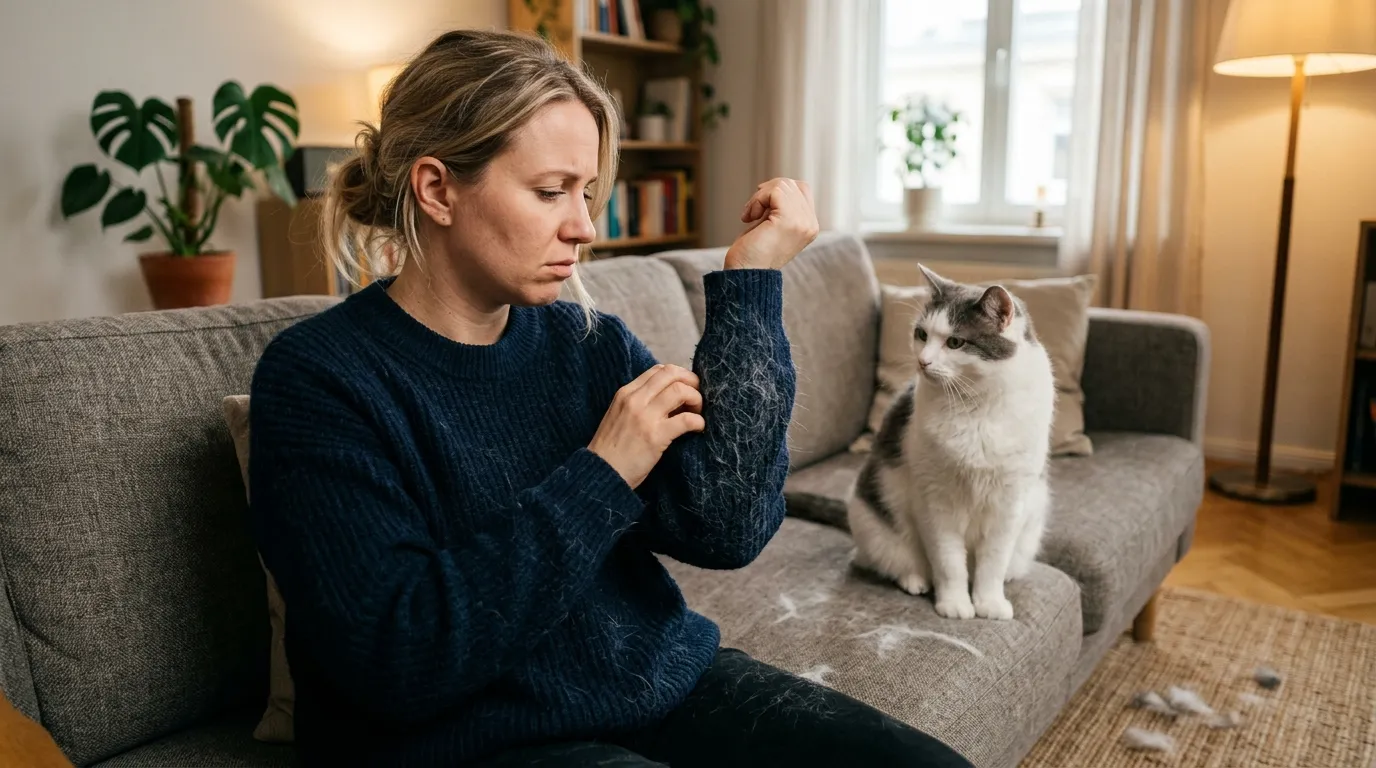 why is my indoor cat shedding so much — owner covered in cat fur while cat sits unbothered on apartment couch