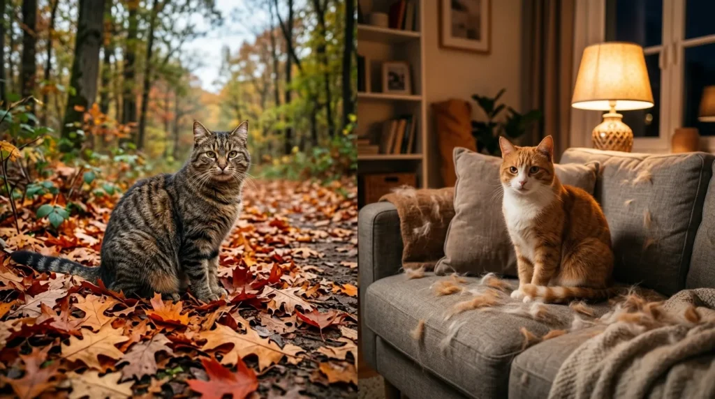 indoor vs outdoor cat shedding — outdoor cat in autumn leaves beside indoor cat on couch with visible loose fur