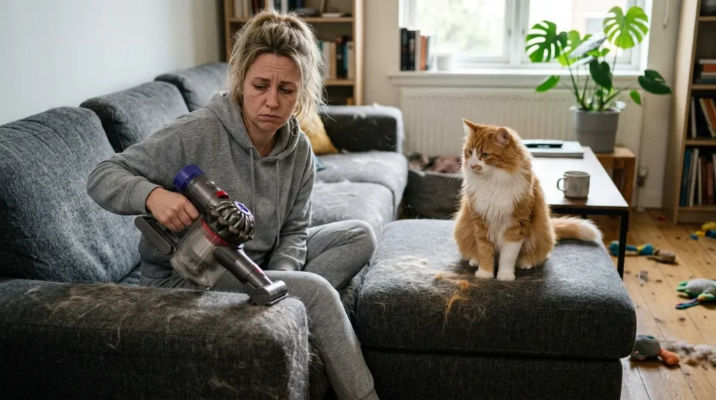 indoor cat shedding management mistake — owner vacuuming couch while cat sheds again immediately onto clean cushion