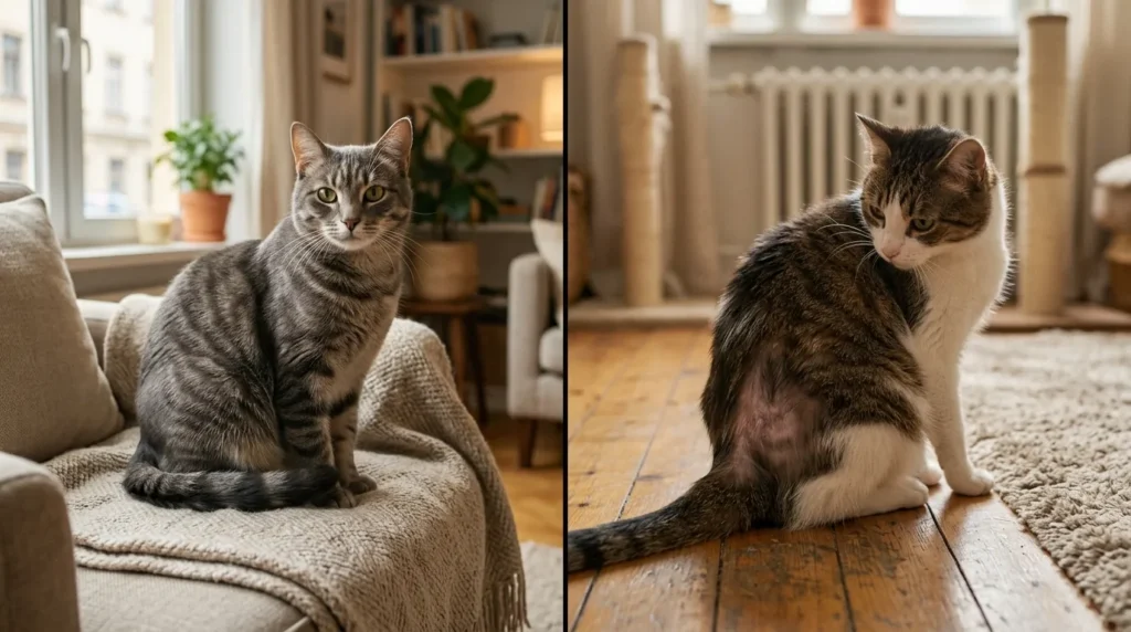 normal vs excessive indoor cat shedding — healthy even coat versus patchy thinning coat comparison 