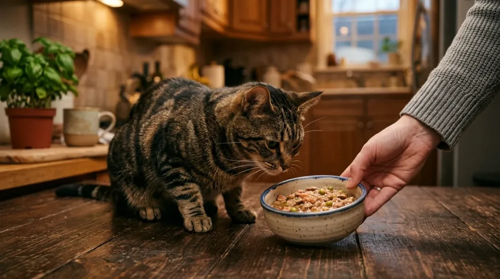 nutrition reduces indoor cat shedding — owner serving high quality wet food to tabby with glossy coat
