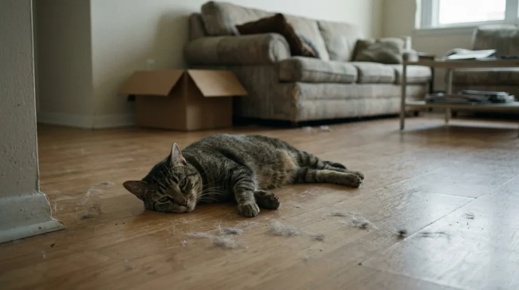 stress increases indoor cat shedding — bored cat lying on bare floor with loose fur visible around it