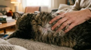 indoor cat undercoat shedding — owner's fingers parting cat's dense undercoat showing loose fur beneath