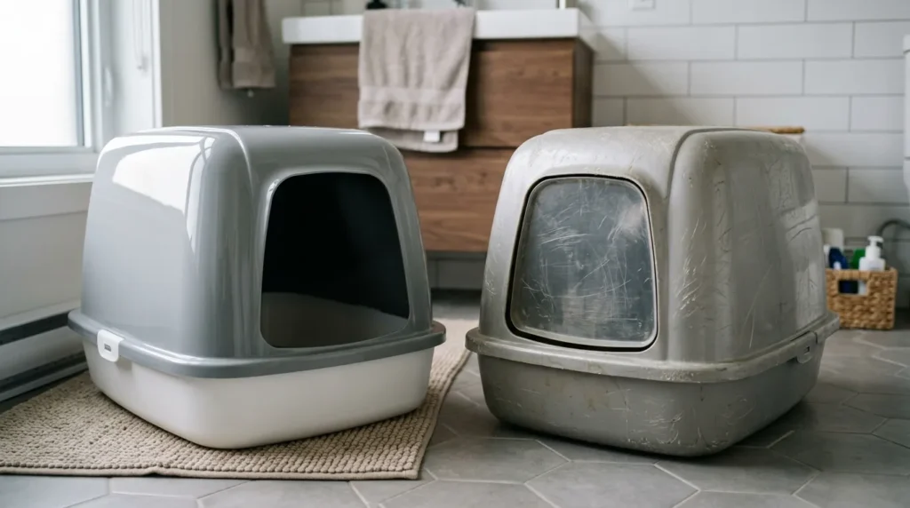 new vs old litter box smell — side by side of a clean new litter box and a year-old scratched plastic box showing surface condition difference