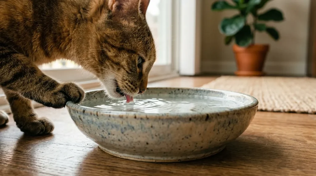 wide shallow ceramic water bowl indoor cat — cat drinking from brim-full ceramic bowl placed near apartment window away from litter