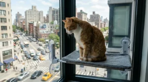 window perch first apartment cat — cat sitting on suction cup perch on apartment window looking at street below