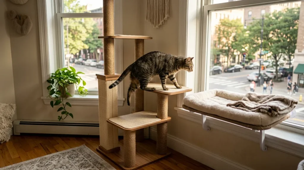 window setup indoor cat access path — cat climbing a cat tree positioned beside a window perch showing the clear stepwise access route up to the viewing station