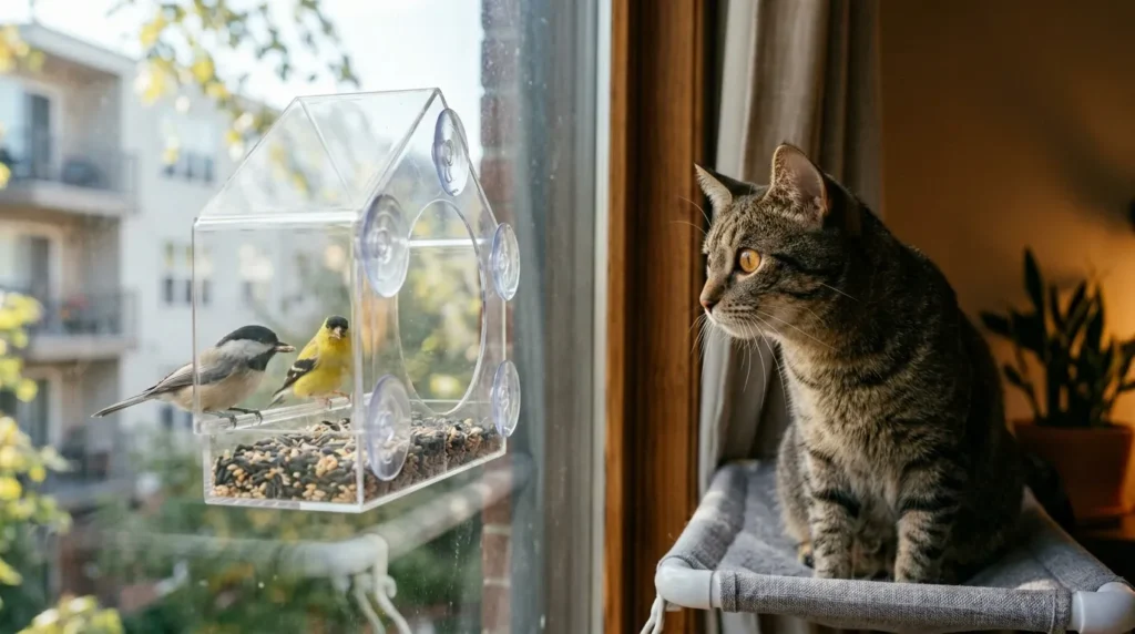 window setup indoor cat bird feeder — clear suction-cup bird feeder attached to apartment window glass with birds feeding while cat watches intently from inside