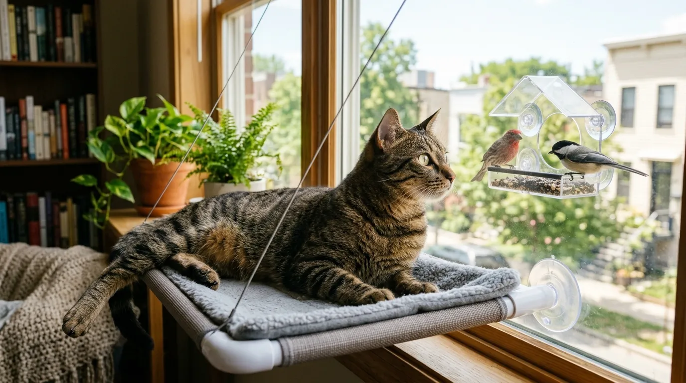 window setup for indoor cat — contented tabby cat stretched on a padded window perch watching birds at a feeder outside a bright apartment window