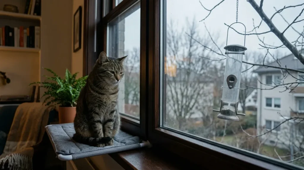 window setup indoor cat mistake — empty bird feeder outside window with cat sitting at the perch looking out with no bird activity showing the maintenance failure