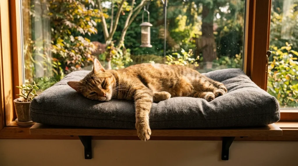 indoor cat window perch comfort — cat fully sprawled and relaxed on a deeply padded window perch in sunlight showing the comfort that produces long daily sessions