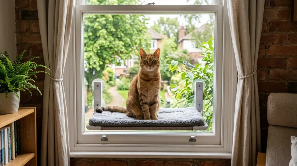 window setup indoor cat perch position — cat on a correctly positioned window perch at the right height with a clear outdoor view and unobstructed sightline