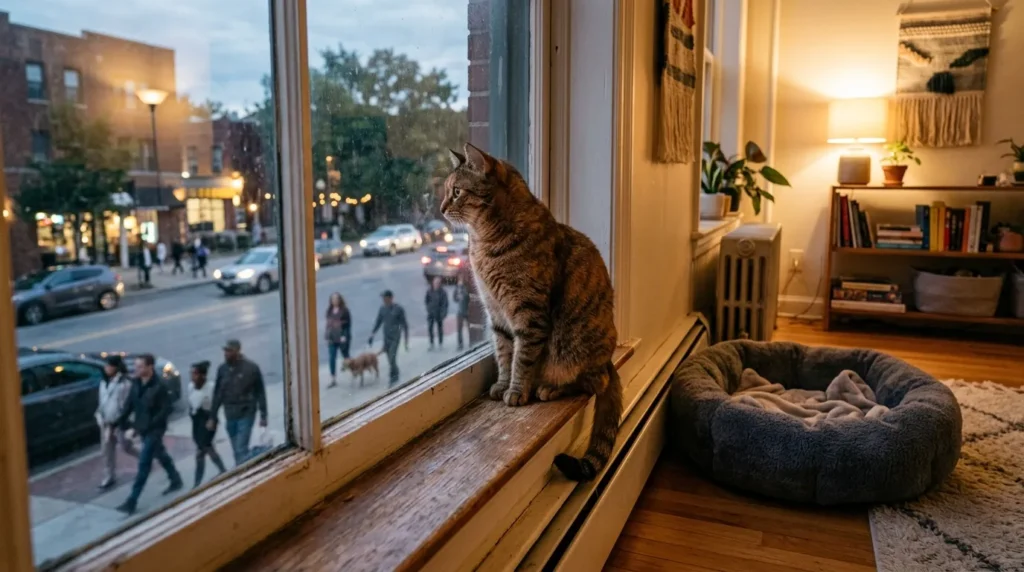 window setup for indoor cat behavior — cat abandoning a comfortable cat bed to sit on a narrow windowsill showing the instinct to watch outdoor movement