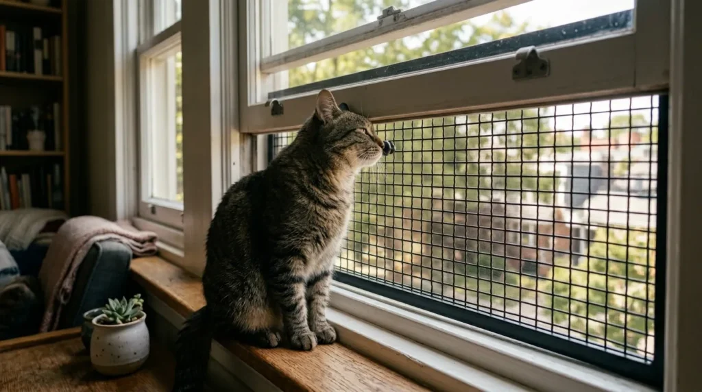 window setup indoor cat safety — cat sitting beside a reinforced mesh window screen showing the safe fresh air solution for apartment window enrichment