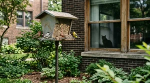 bird feeder placement for indoor cat window — feeder mounted five feet from window on a pole showing the ideal viewing distance for maximum cat engagement 