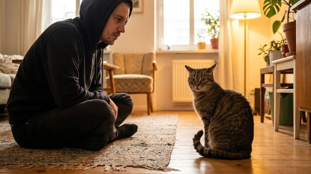 cat body language mistake — a person making direct unblinking eye contact with a cat that looks tense and uncomfortable