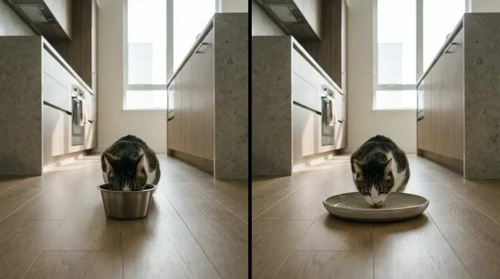 first time cat owner mistakes to avoid — a deep narrow cat bowl next to a wide shallow ceramic plate showing the correct alternative