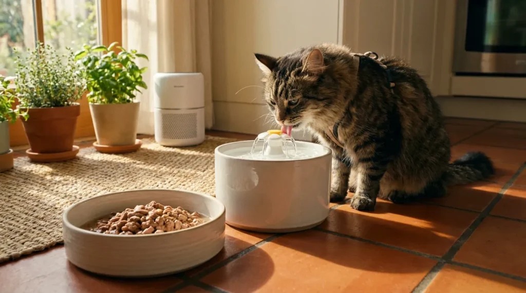 cat nutrition mistake — a cat drinking from a water fountain next to a wet food bowl showing correct hydration approach