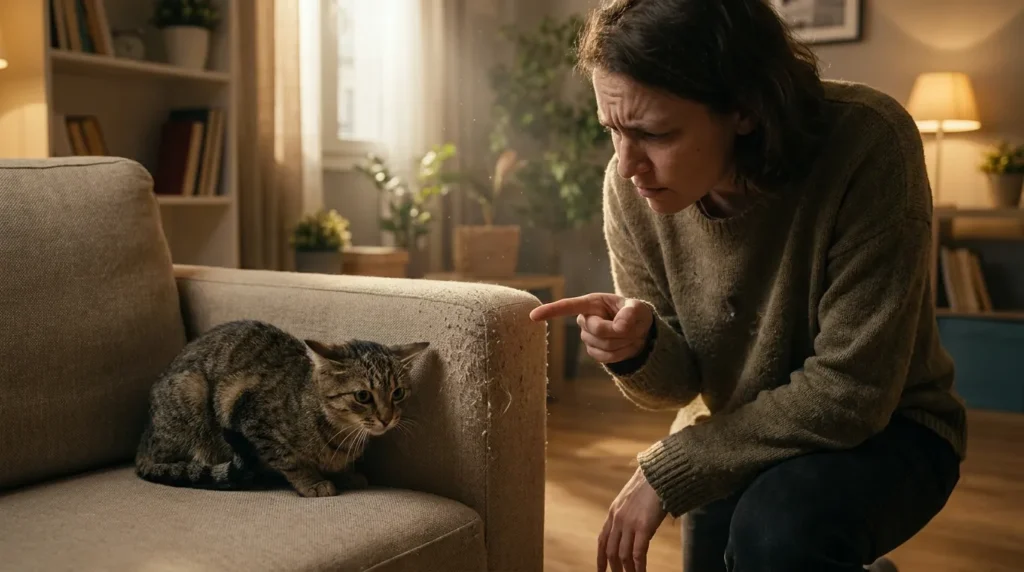 punishment training mistake — a person pointing at a cat near a scratched sofa while the cat looks stressed and confused