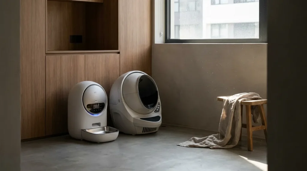 smart tech monitoring mistake — an automatic feeder and self-cleaning litter box in an apartment with no manual check being done