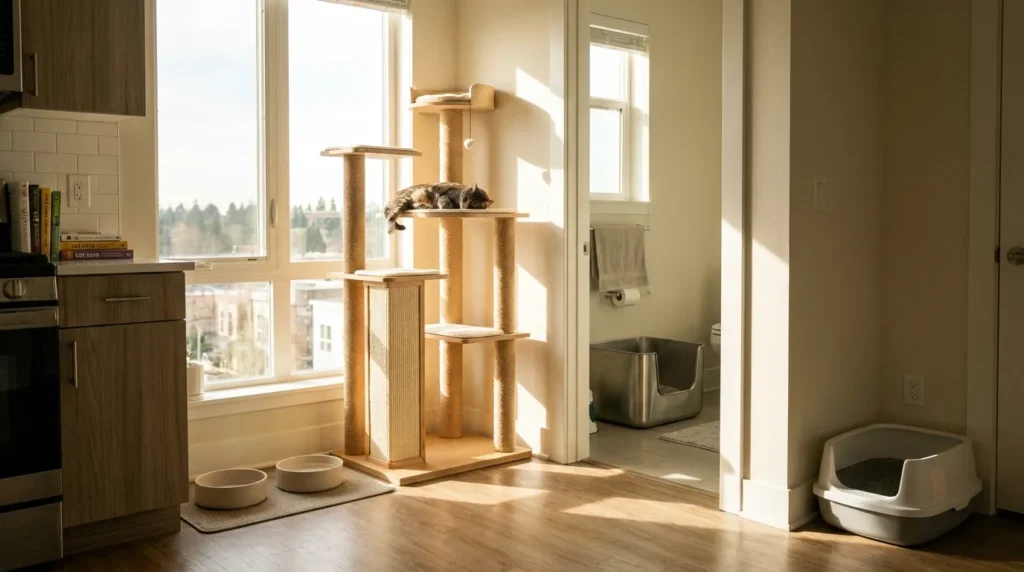 first time cat owner mistakes summary — a comparison showing wrong versus right cat care choices in an apartment setting