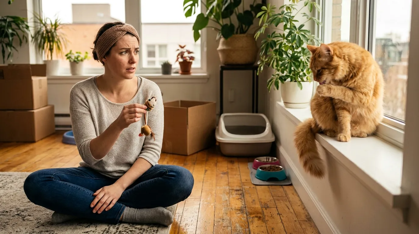 first time cat owner mistakes to avoid — a new cat owner sitting on the floor looking uncertain while a cat ignores them across the room