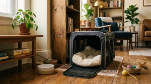 new cat day one setup — an open carrier with the door removed placed in a quiet apartment corner as a safe hiding spot