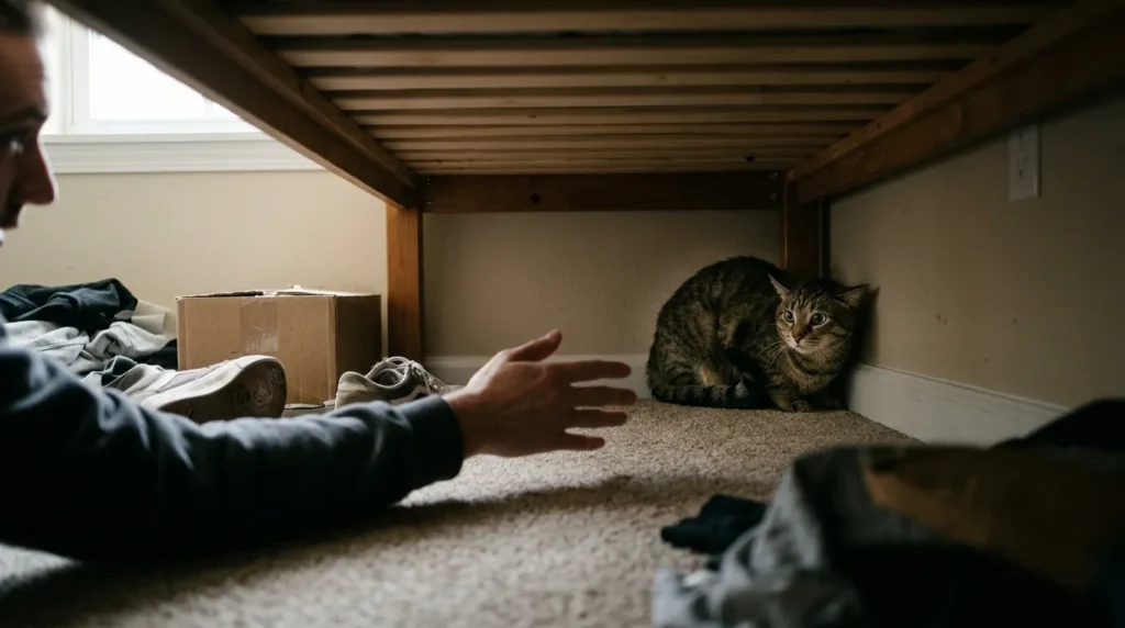 first week new cat mistake — a person reaching under a bed toward a hiding cat that presses further against the wall