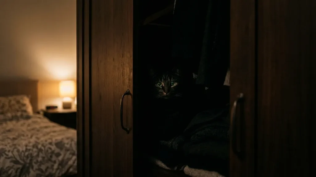 first week with new cat what to expect days 1 to 3 — a cat hidden inside a wardrobe with only eyes visible in the dim interior