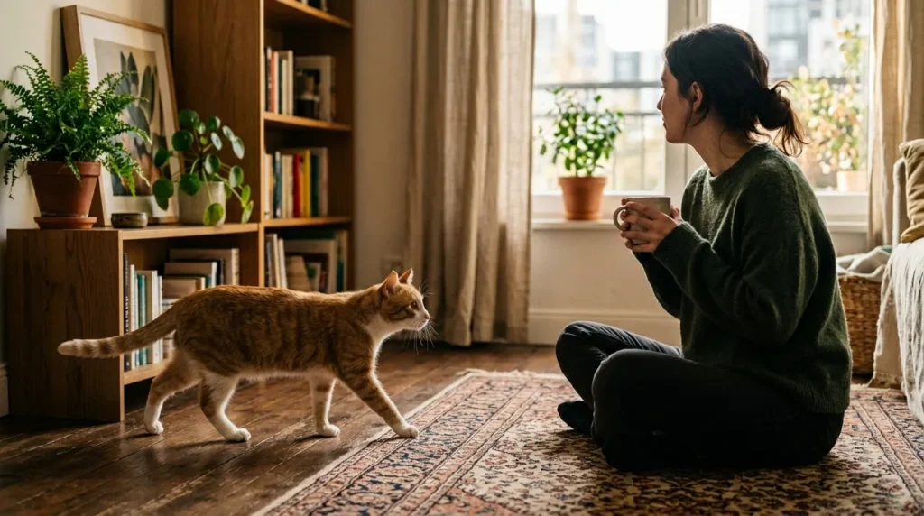 cat first voluntary approach — a new cat walking toward a person sitting on an apartment floor for the first time