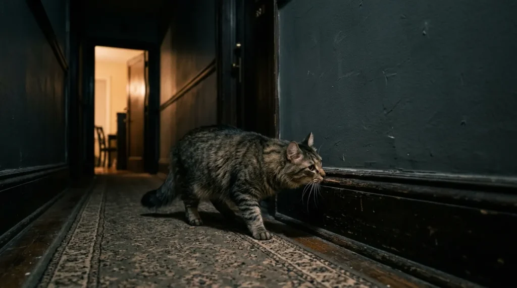 cat nighttime exploration — a cat moving through a dark apartment hallway at night investigating its new territory