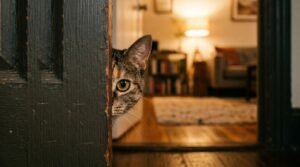cat periscope phase — a cat's head peeking around an apartment doorframe to check the living room