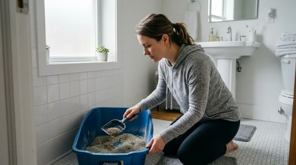 monitoring new cat progress — a person checking a litter box for signs of use on the second day after adoption
