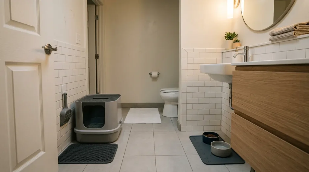 new cat routine setup — a consistent feeding station with two bowls and a litter box in a clean apartment bathroom away from each other 