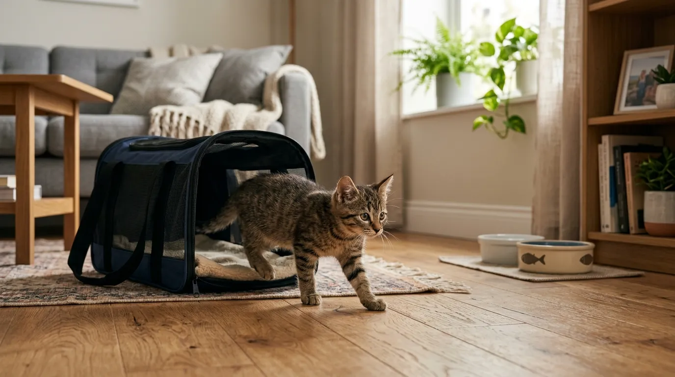 first week with new cat what to expect — a new cat cautiously emerging from a carrier into a warmly lit apartment living room on day one