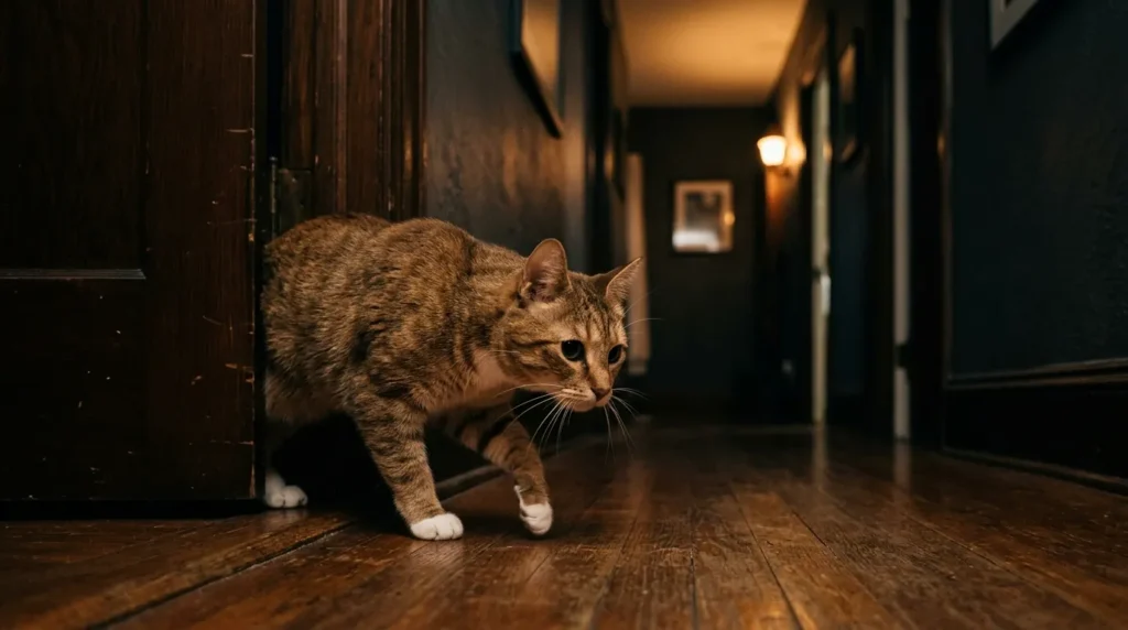 cat acclimation — a new cat cautiously exploring a hallway at night in a dimly lit apartment